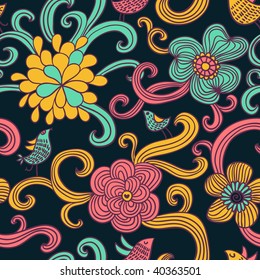 Colorful floral seamless pattern with cartoon birds