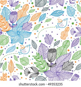 Colorful floral seamless pattern with cartoon birds