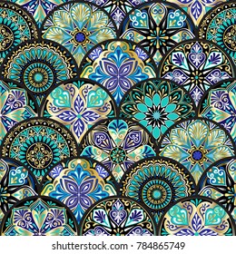 Colorful floral seamless pattern from circles with mandala in patchwork boho chic style