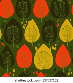 Colorful floral seamless pattern. Contrast fabric texture with decorative trees. Cute background with leafs for curtains, clothes, prints, wallpapers, packages