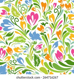 Colorful floral seamless pattern. Decorative repeatable background with abstract flowers and leaves. Tracery with stylized Nature elements. Vector file is EPS8.