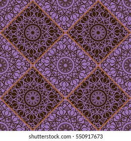 Colorful floral seamless pattern from different rhombus with mandala in patchwork boho chic style, in portuguese and moroccan motif