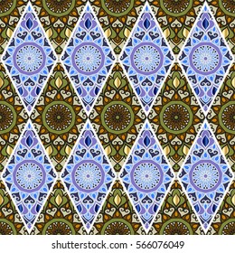 Colorful floral seamless pattern from different rhombus with mandala in patchwork boho chic style, in portuguese and moroccan motif