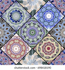 Colorful floral seamless pattern from different rhombus with mandala in patchwork boho chic style, in portuguese and moroccan motif