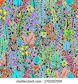 Colorful floral seamless pattern, doodle cartoon bright neon flowers, natural background, hand drawing. Multi-colored plant branches, buds, petals and leaves on dark backdrop. Vector illustration