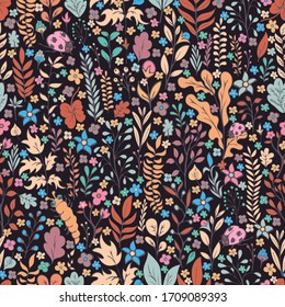 Colorful floral seamless pattern, doodle cartoon bright neon flowers, natural background, hand drawing. Multi-colored plant branches, buds, petals and leaves on dark backdrop. Vector illustration