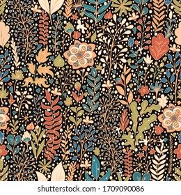 Colorful floral seamless pattern, doodle cartoon drawn flowers, exotic natural background, hand drawing. Multi-colored plant branches, buds, petals and leaves on dark backdrop. Vector illustration