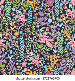 Colorful floral seamless pattern, doodle cartoon bright neon flowers, natural background, hand drawing. Multi-colored plant branches, buds, petals and leaves on dark backdrop. Vector illustration