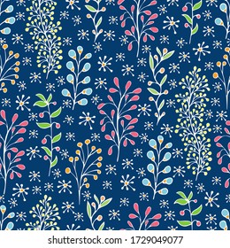 Colorful floral seamless pattern, doodle cartoon flowers, natural background, hand drawing. Multi-colored bright plant branches, bud, petal and leaves and ladybug on blue backdrop. Vector illustration