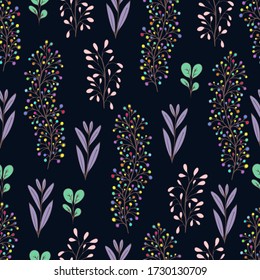 Colorful floral seamless pattern, doodle cartoon drawn flowers, exotic natural background, hand drawing. Multi-colored plant branches, buds  and leaves on dark backdrop. Vector illustration