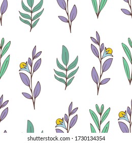 Colorful floral seamless pattern, doodle cartoon drawn flowers, exotic natural background, hand drawing. Multi-colored plant branches, buds, petals and leaves on white backdrop. Vector illustration