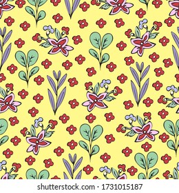 Patrón colorido sin costuras florales, dibujos de dibujos de dibujos de dibujos de dibujos de caricaturas de doodle, fondo natural exótico, dibujo a mano. Ramas de plantas multicolores, brotes, pétalos y hojas sobre fondo amarillo. Ilustración del vector