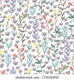 Colorful floral seamless pattern, doodle cartoon drawn flowers, exotic natural background, hand drawing. Multi-colored plant branches, buds, petals and leaves on white backdrop. Vector illustration