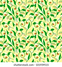 Colorful floral seamless pattern with dots on yellow background, vector illustration