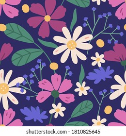 Colorful floral seamless pattern. Endless natural botanical background with blooming meadow flowers for fabric or wallpaper. Vector wildflowers illustration, decorative textile print in flat style