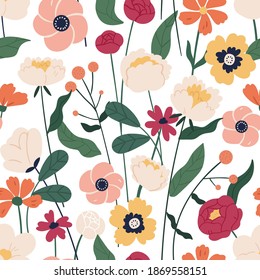 Colorful floral seamless pattern. Endless natural botanical background with blooming meadow flowers for fabric or wallpaper. Flat vector illustration of wildflowers for decorative textile print