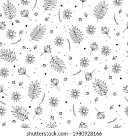 Colorful floral seamless pattern. Endless natural botanical background with blooming meadow daisy and cosmos flowers. Spring wildflowers and leaves. Vector illustration in flat cartoon style.
