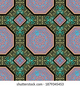Colorful floral seamless pattern. Ethnic tribal style ornamental vector background. Beautiful intricate flowers ornament. Geometric repeat backdrop. Symmetrical design. For wallpapers, fabric, carpet.