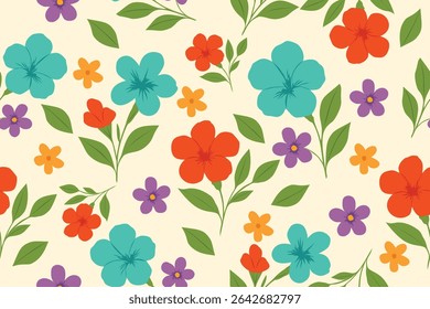 Colorful floral seamless pattern featuring teal, red, orange, and purple flowers with green leaves on a cream background. Ideal for fabric, wallpaper, and wrapping paper.
