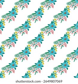 A colorful floral seamless pattern featuring vibrant flowers and leaves arranged on a white background. Perfect for textiles, digital designs, wallpapers, and various other creative applications.