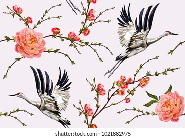 Colorful floral seamless pattern with flowers, japanese bird. Vector traditional folk fashion ornament on white background.