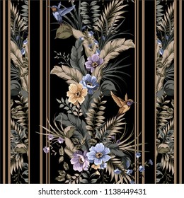 colorful floral seamless pattern with flowers and birds. colibri and plants at the black background