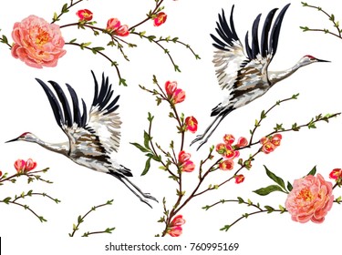 Colorful floral seamless pattern with flowers, japanese bird. Vector traditional folk fashion ornament on white background.