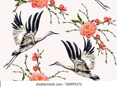 Colorful floral seamless pattern with flowers, japanese bird. Vector traditional folk fashion ornament on white background.