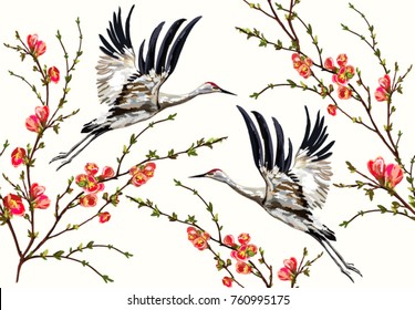 Colorful floral seamless pattern with flowers, japanese bird. Vector traditional folk fashion ornament on white background.