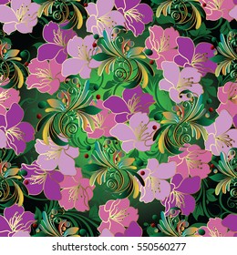 Colorful floral seamless pattern Flowery background wallpaper illustration with pink lilac violet 3d flowers, green swirl curly leaves and vintage flourish ornaments. Elegant vector luxury texture.