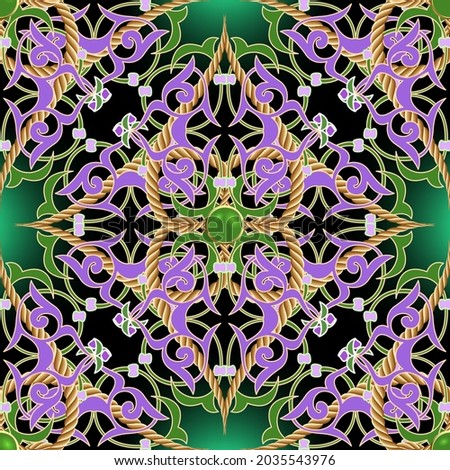 Colorful floral seamless pattern. Glowing background. Repeat vector backdrop. Baroque Damask style ornaments. Jewelry modern design with vintage flowers, leaves, ropes, green gemstones, 3d buttons.