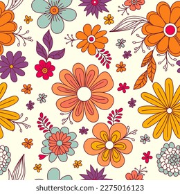 Colorful floral seamless pattern. Groovy flowers vector illustration, hippie aesthetic. Funny multicolored print for fabric, paper, any surface design.