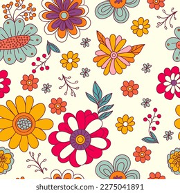 Colorful floral seamless pattern. Groovy flowers vector illustration, hippie aesthetic. Funny multicolored print for fabric, paper, any surface design.