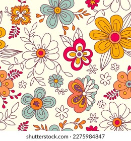 Colorful floral seamless pattern. Groovy flowers vector illustration, hippie aesthetic. Funny multicolored print for fabric, paper, any surface design.