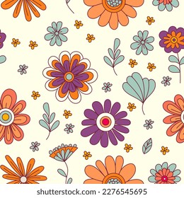 Colorful floral seamless pattern. Groovy flowers vector illustration, hippie aesthetic. Funny multicolored print for fabric, paper, any surface design.