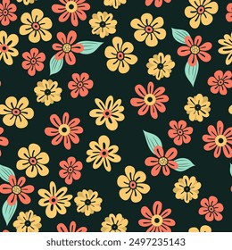 Colorful floral seamless pattern. Groovy flowers vector illustration, hippie aesthetic. Funny multicolored print for fabric, paper, any surface design.
