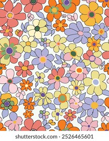 Colorful Floral Seamless Pattern. Groovy Daisy Pattern, hippie Vintage seamless vector background. Print for fabric, swimsuit, fashion prints and surface design.