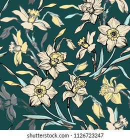 Colorful floral seamless pattern with hand drawn flowers daffodils, narcissus. Elegant floral elements on dark green background. Vector Illustration