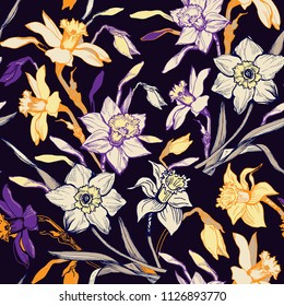 Colorful floral seamless pattern with hand drawn flowers daffodils, narcissus. Elegant floral elements on dark background. Vector Illustration