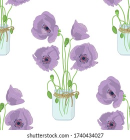 Colorido patrón sin costura floral con flores de amapola violeta dibujadas a mano dentro de un frasco de albañil sobre fondo blanco. Ilustración vectorial de material.