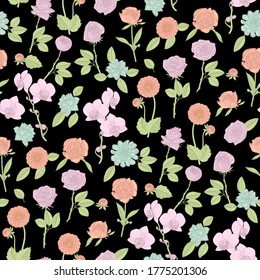 Colorful floral seamless pattern with hand drawn flowers on black background. Stock vector illustration.