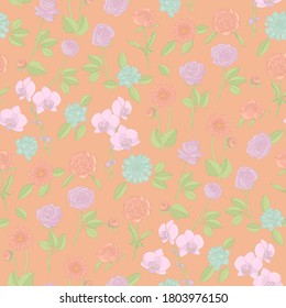 Colorful floral seamless pattern with hand drawn flowers on pink background. Stock vector illustration.