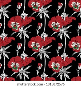 Colorido patrón floral sin costuras con flores de color pansy dibujadas a mano sobre fondo negro. Ilustración vectorial de material.
