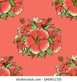 Colorful floral seamless pattern with hand drawn red hibiscus flowers on pink background. Stock vector illustration.