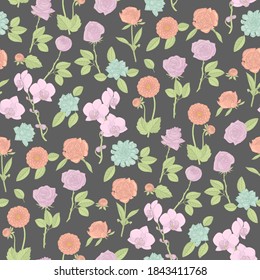 Colorful floral seamless pattern with hand drawn flowers on gray background. Stock vector illustration.