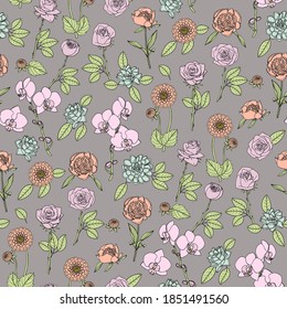 Colorful floral seamless pattern with hand drawn flowers on gray background. Stock vector illustration.