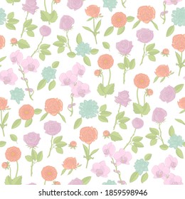 Colorful floral seamless pattern with hand drawn flowers on white background. Stock vector illustration.