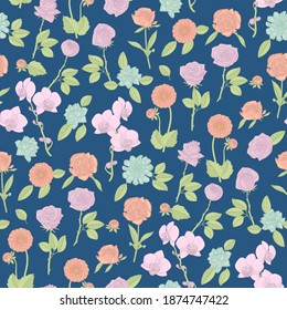 Colorful floral seamless pattern with hand drawn flowers on blue background. Stock vector illustration.