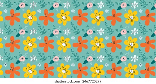 Colorido patrón floral sin costuras. Flores brillantes dibujadas a mano sobre fondo turquesa. Fondo floral de primavera y verano para Fondos de pantalla, Anuncios, postales, envases, publicaciones en redes sociales, diseño de tarjetas