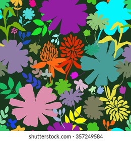 Colorful floral seamless pattern. Hand drawn silhouette of flowers. Vector background.